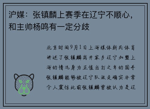 沪媒：张镇麟上赛季在辽宁不顺心，和主帅杨鸣有一定分歧
